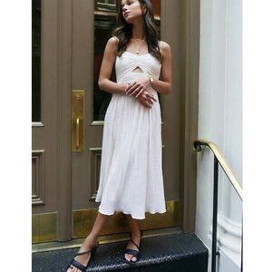 NEW MONIQUE LHUILLIER RUCHED PLISSE JACQUARD IVORY MIDI DRESS SIZE 4